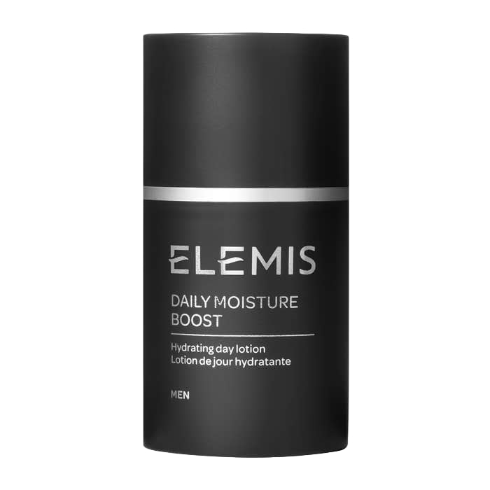 Black cylindrical container of Elemis Daily Moisture Boost on a white background