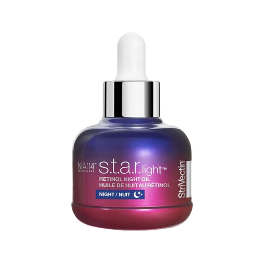 Skincare dropper bottle with purple and red design on a white background