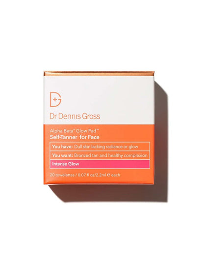 A box of Dr. Dennis Gross Alpha Beta Glow Pads for face intense glow, with product details visible on the front.