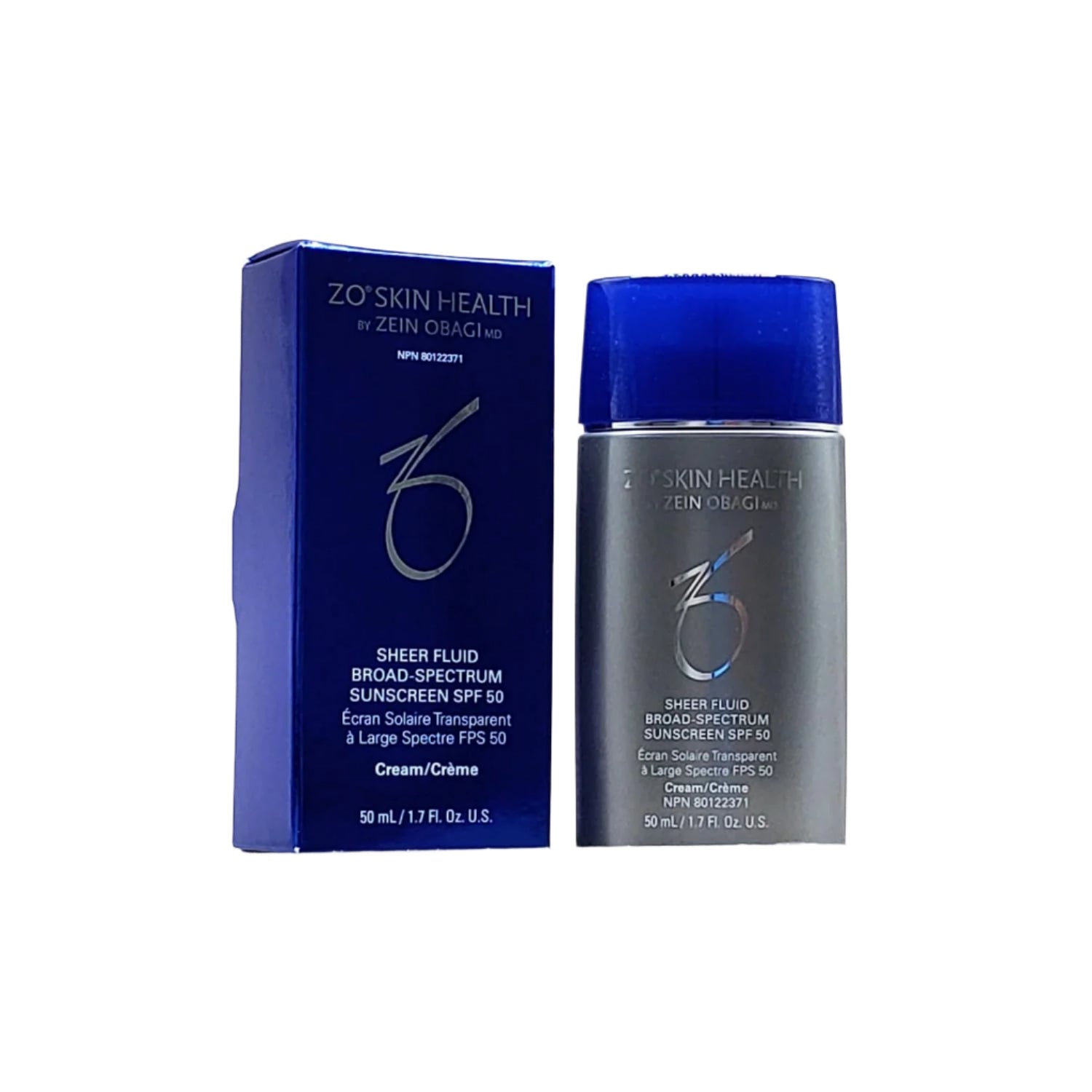 A bottle and box of Zo Skin Sheer Fluid Broad-Spectrum SPF 50 sunscreen, with a predominantly blue color scheme.