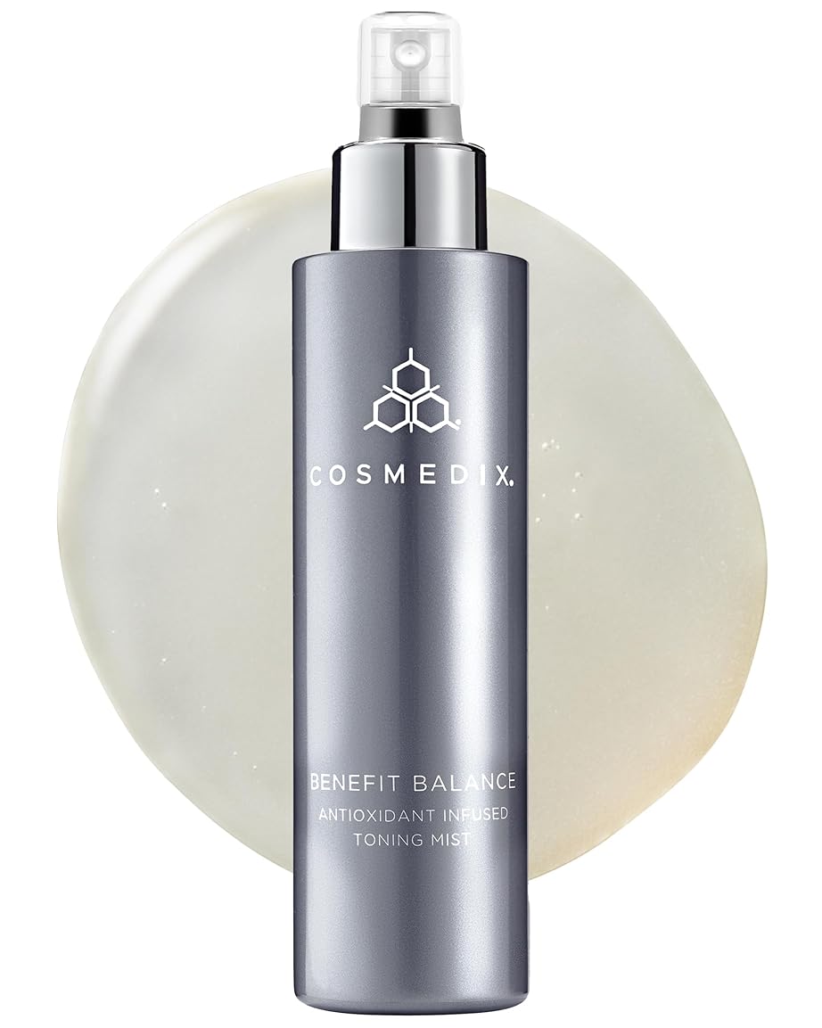 Cosmedix Benefit Balance toning mist bottle on a white background