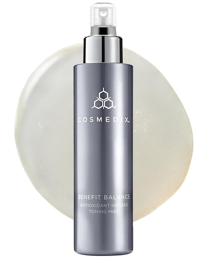 Cosmedix Benefit Balance toning mist bottle on a white background