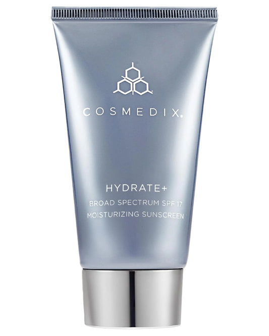 Cosmedix Hydrate+ sunscreen tube on a white background