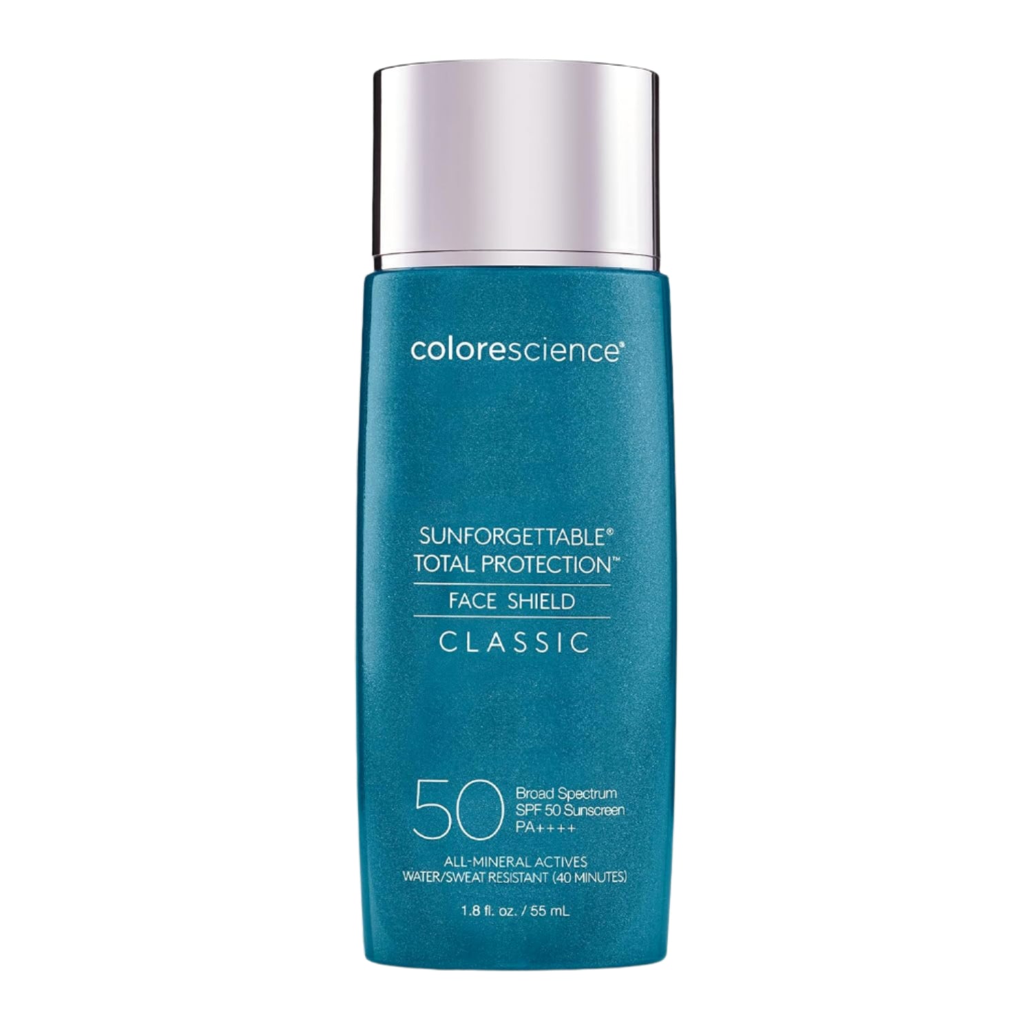 Colorescience Sunforgettable Total Protection Face Shield bottle with a swatch of sunscreen color on a white background