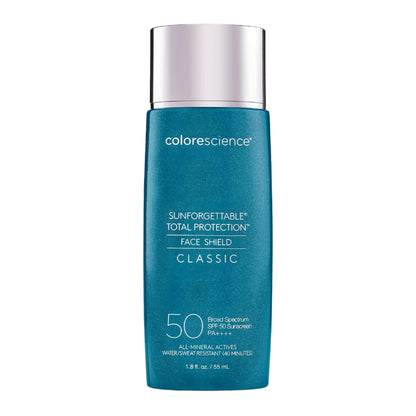Colorescience Sunforgettable Total Protection Face Shield bottle with a swatch of sunscreen color on a white background