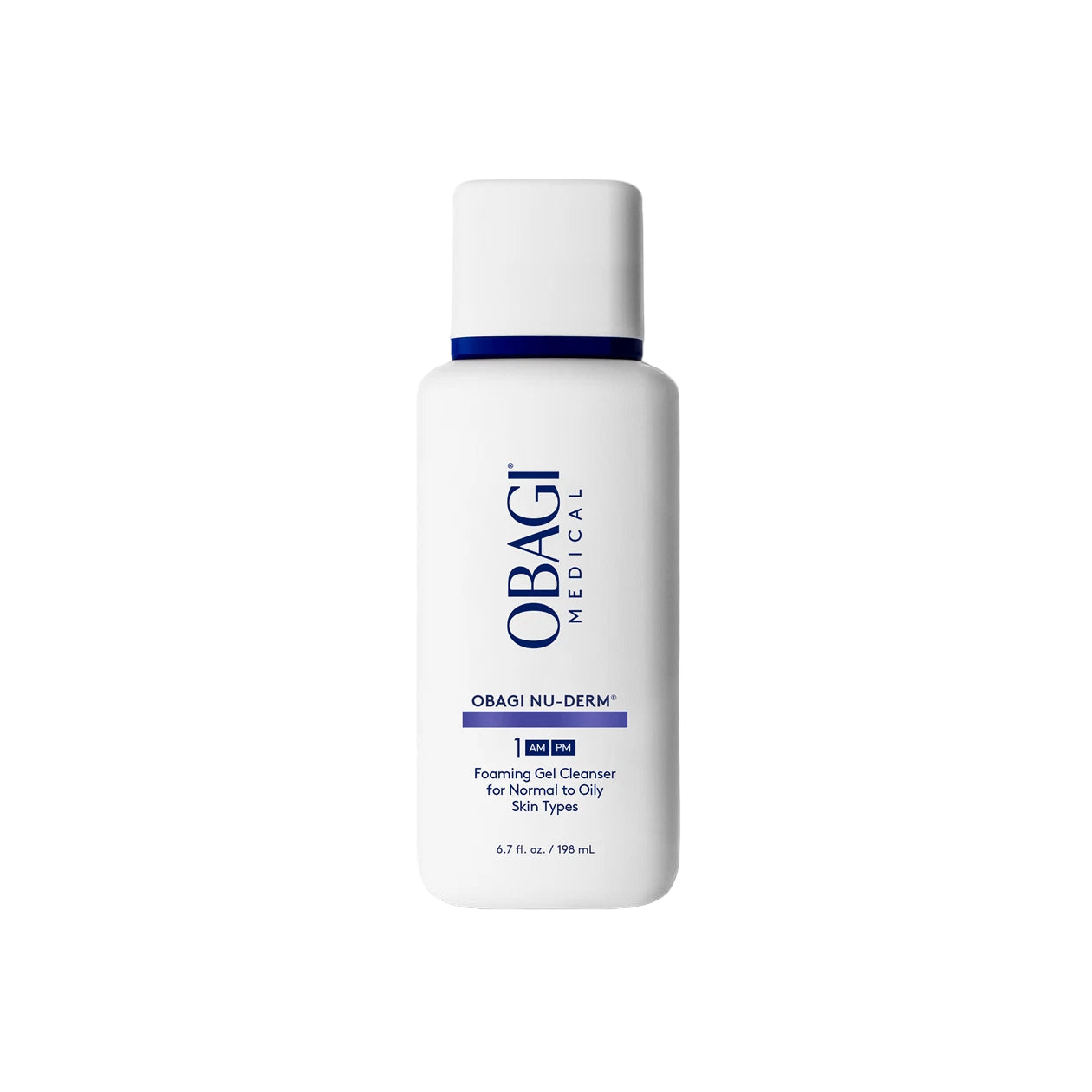 Obagi Nu-Derm foaming gel cleanser bottle on a light gray background