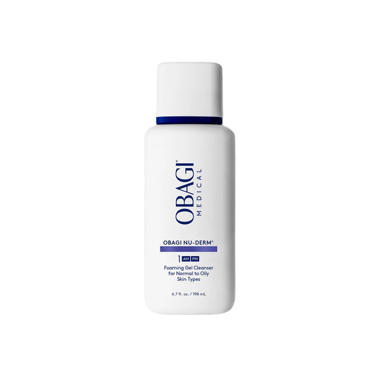 Obagi Nu-Derm foaming gel cleanser bottle on a light gray background