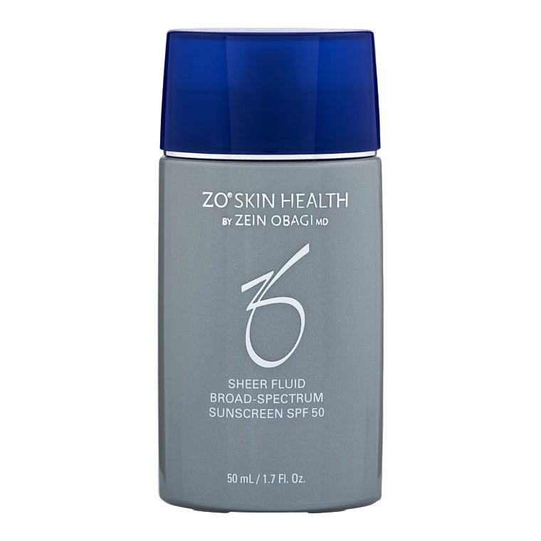 ZO Skin Health sheer fluid sunscreen bottle with blue cap