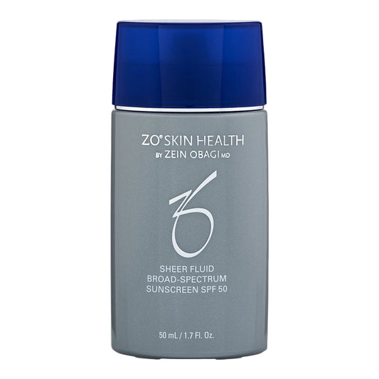 ZO Skin Health sheer fluid sunscreen bottle with blue cap